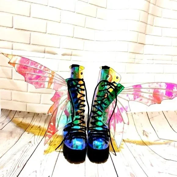 Club Exx Butterfly Fairy Wings Holo Irredescient Platform Boots Size 7, 8 - Picture 2 of 2